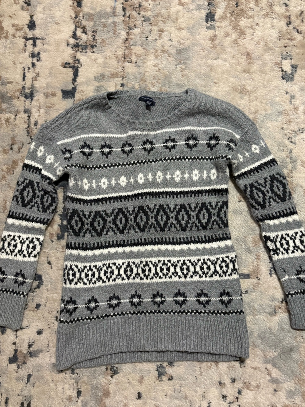 American Eagle Outfitters Grey, Black & White Fair Isle Crewneck Sweater